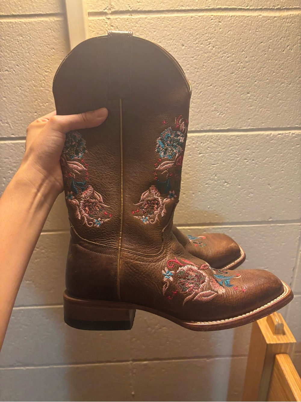 Shyanne Brown Leather Western Boots with Pink & Blue Floral Embroidery